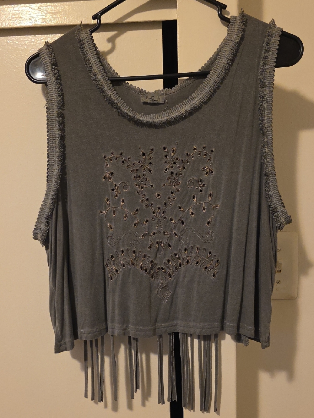 POL Gray Sleeveless Fringe Tank with Eyelet Floral Cutouts
